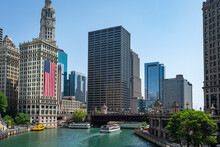 Chicago, Illinois Skyline With Chicago River And American Flag 
