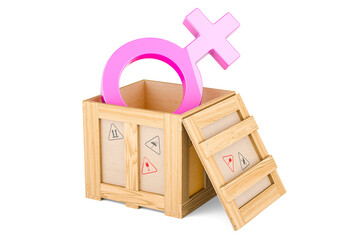 Wall Mural - Female gender symbol inside wooden box, delivery concept. 3D rendering