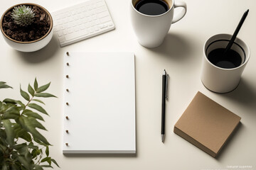 White coffee cup mockup, zero waste stationery, and modern eco-friendly desktop. a comfortable workspace, the idea of a sustainable lifestyle. Generative AI