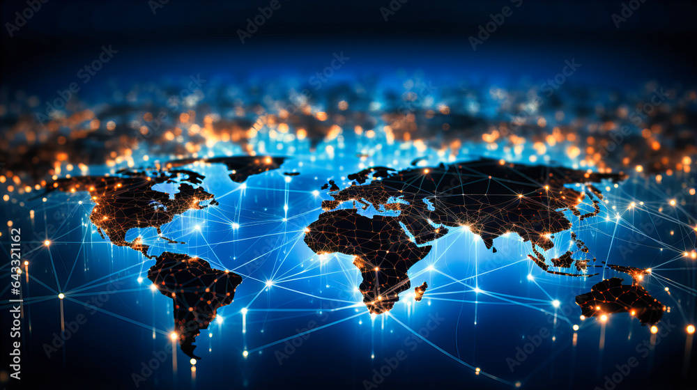 Digital Trade Routes Map A digital world map illuminated with active trade routes and commerce ...
