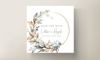 Poster - Elegant wedding invitation card with bohemian leaves watercolor