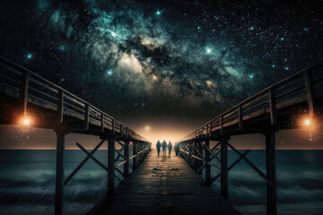 Canvas Print - Corridor bridge under a beautiful starry sky, AI generated