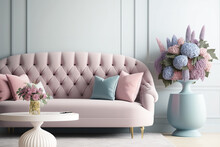 Mock-up Of An Interior Wall In A Living Room With A Pink Tufted Sofa, Pastel-colored Pillows In Various Colors, A Coffee Table, And Flowers In A Vase. Vacant Space To The Right. Generative AI