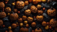 A Dark Black Halloween Pattern With Orange Pumpkins, Spider Webs, Monsters, Sweet Candies And Other Halloween Related Theme Stuff. Wrapping Paper. Seamless Wallpaper Background Pattern. Generative AI