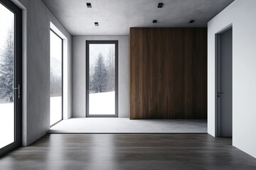 Empty room with dark wooden floor and concrete walls. large window Remodeling and design idea. mockup. Generative AI