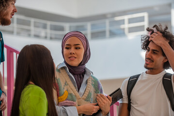 A group of happy diverse college students are walking in the university hallway while talking to each other.