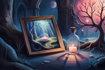 digital illustration of A bottle of magic potion in a dark fantasy forest