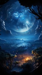 a fantastical blue night landscape with huge moon. generative ai.