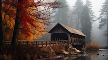 A Covered Bridge On A Foggy Autumn Day. Generative AI. 