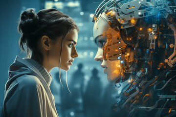 a woman and a humanoid face each other.