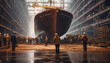 Shipyard industry ,Ship Building Big ship on floating dry dock in shipyard