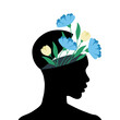 Otwarta głowa z bukietem niebieskich kwiatów. Wzrost emocjonalny, psychoterapia, optymizm, zdrowa głowa i zdrowie psychiczne. Wektorowa ilustracja psychologiczna.