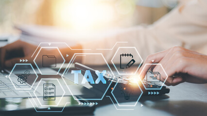 Fototapete - Business people planning annual tax deduction, tax rate calculation, and business financial budget, effective tax deduction planning ideas for individuals and companies,document management system