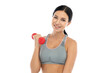© Art_Photo - Portrait of sport slim fit strength woman workout in sportswear sitting relax and do fitness exercise with dumbbell on white background.Diet concept.Fitness and healthy lifestyle