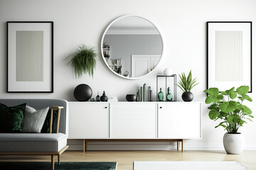 White walls, cabinet with round mirror, and three vertical mock-up poster frames in trendy living room. Generative AI