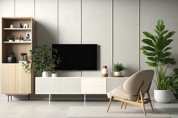 Wall Mural - Modern living room with TV, cabinet, and armchair on cream wall,. Generative AI