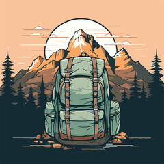 Wall Mural - vintage retro big camping backpack in pine forest logo badge vector illustration