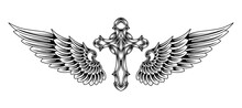Cross With Angel Wings Tattoo Vintage Illustration Design