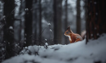 Squirrel On A Background Of Snow. Forest Winter Landscape With An Animal. Animal Photo. Squirrel In The Snow