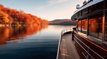 Shot From The Side Of A Luxury Boat Ship, Capturing The Sweeping View Of An Autumn Lake