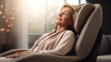 Senior Woman Relaxing Therapy On The Massage Chair In Living Room. Modern Electric Massage Chair.