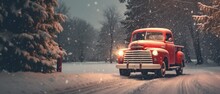 Red Truck Car Carrying Christmas Tree.winter Season
