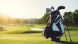 Generative AI, a sports bag with golf clubs stands on a green golf course, a professional elite golf club, a place for text, a lifestyle, an advertisement for a sports store