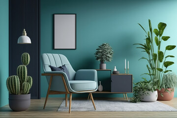 Sticker - Blue-walled living room with armchair, coffee table, plants, and light. Generative AI