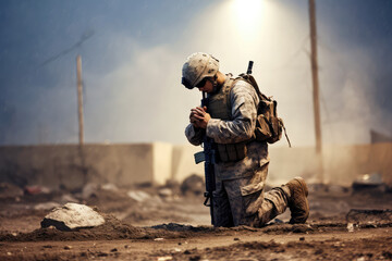 soldier praying in military battle field