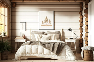 Bedroom in a log cabin with white and beige tones. Wooden side tables and a double bed with a blanket and duvet. Illustration, farmhouse interior design, and frame mockup. Generative AI