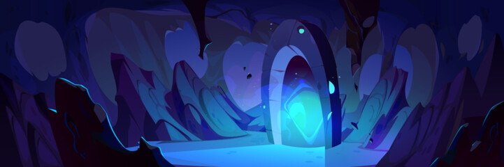 Wall Mural - magic cave with fantasy portal door cartoon vector. alien teleport gate in dark mine with glow effec