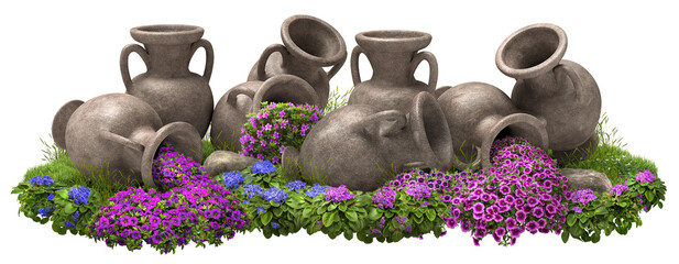 Wall Mural - Flower bed isolated on transparent background. Landscaping consisting of amphorae and colorful flowers. Decorative flower pots in the garden