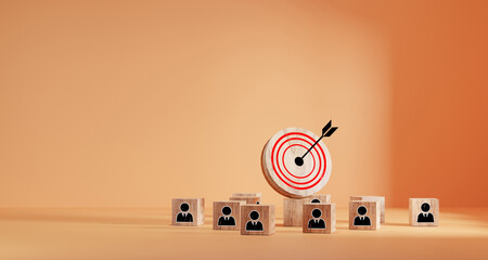 Wall Mural - target board and arrow which print screen to wooden cube block. business achievement goal and object
