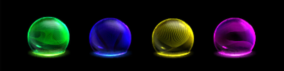 Poster - 3d sphere bubble protect shield barrier effect. glass ball dome with abstract cyber grid. secure ene