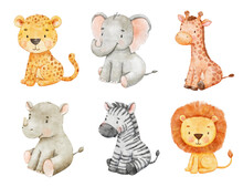 Cute Sitting Cheetah, Lion And Elephant. Watercolor Illustrations For Kids. Safari Animals Set