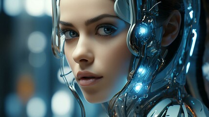 Poster - Robot woman face futuristic digital with metallic details