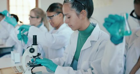 Poster - University, science and students in laboratory with microscope for learning, lesson and practical. Chemistry, microbiology and girl with equipment for sample study, education and research at school