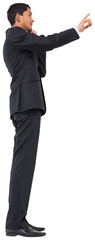 Poster - Digital png photo of smiling biracial businessman using virtual interface on transparent background