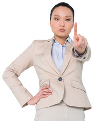 Poster - Digital png photo of focused asian businesswoman pointing finger on transparent background