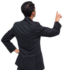 Poster - Digital png photo of focused biracial businessman using virtual interface on transparent background