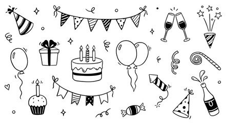 Birthday doodle icon element. Hand drawn sketch doodle birthday cake, balloon, event decoration element. Party, carnival celebration concept background. Vector illustration