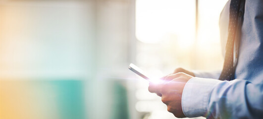 Poster - Mockup, phone and hands of business person online for connection, social media and internet chat. Banner space, communication and worker typing on smartphone for research, website and email in office