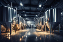 Fermentation Mash Vats Or Boiler Tanks In A Brewery Factory. Brewery Plant Interior. Factory For The Production Of Beer. Modern Production Of Draft Drinks. Selective Focus.