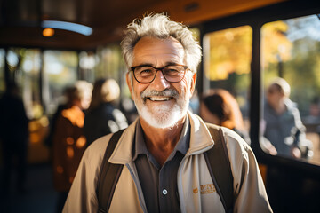 Senior man with white beard and glasses smiling on tourist tour ai generated art.