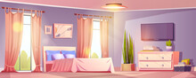 Modern Bedroom Interior With Tv On Wall. Vector Cartoon Illustration Of Elegant Light Room With Twin Bed, White Drawer, Abstract Pictures On Wall, Curtains On Large Windows With Morning Garden View