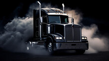 Classic Black Semi Truck On Dark Background With Smoke