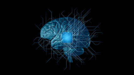Poster - human brain and computer chip. ai (artificial intelligence) concept.