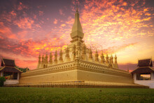 The Beautiful Scenery Of The Pha That Luang Temple At Sunset Time, Vientiane, Laos.