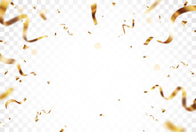 Gold Confetti And Ribbon, Celebrations Banner, Isolated On Transparent Background
