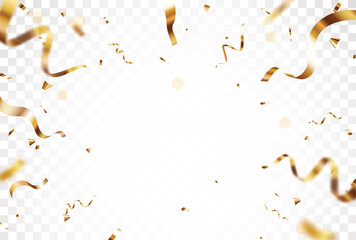 Wall Mural - gold confetti and ribbon, celebrations banner, isolated on transparent background